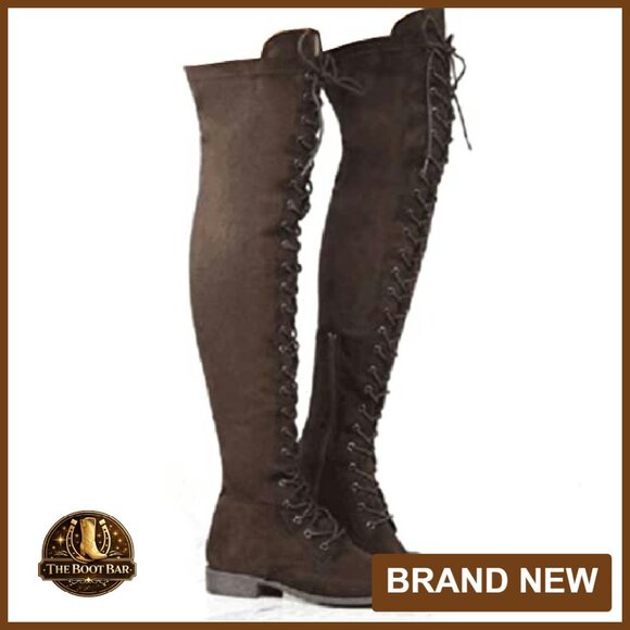 Women's Lace Up Over The Knee Boots Low Heel Combat Style Fall Winter - Picture 2 of 8